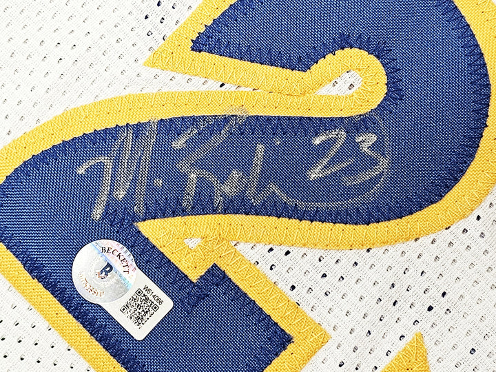 Warriors Chris Mullin, Tim Hardaway & Richmond Auto White Jersey Run TMC HOF BAS