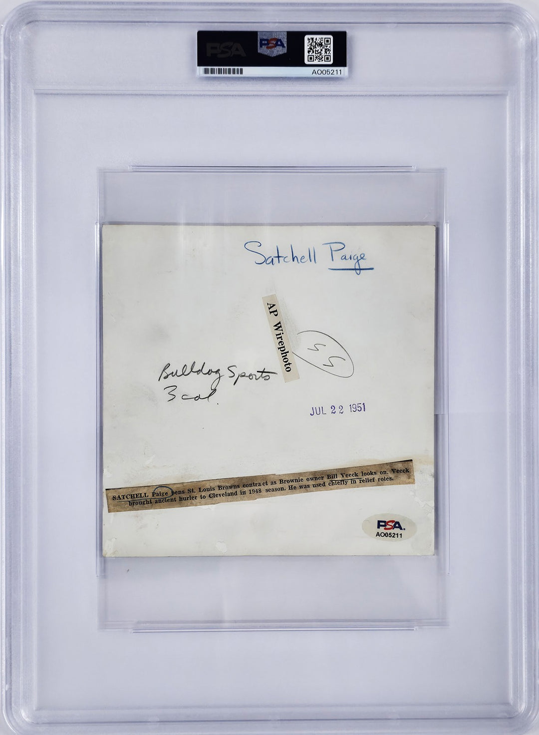 Satchel Paige Autographed 6x6 Photo With Bill Veeck PSA/DNA
