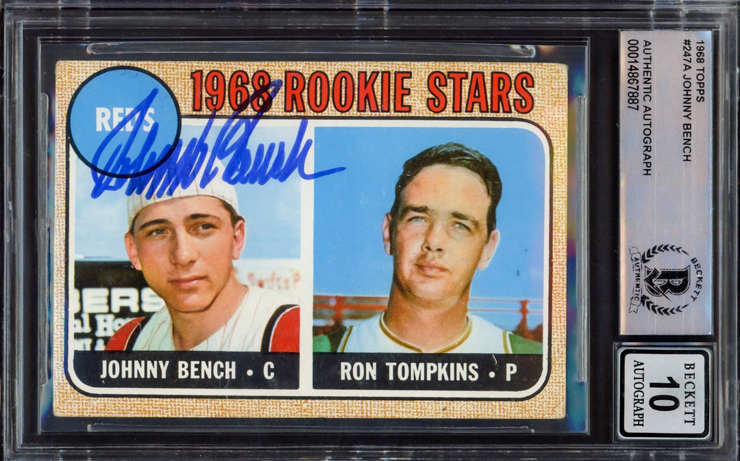 Johnny Bench Signed 1968 Topps RC 247A Cincinnati Reds Sig 10 Beckett