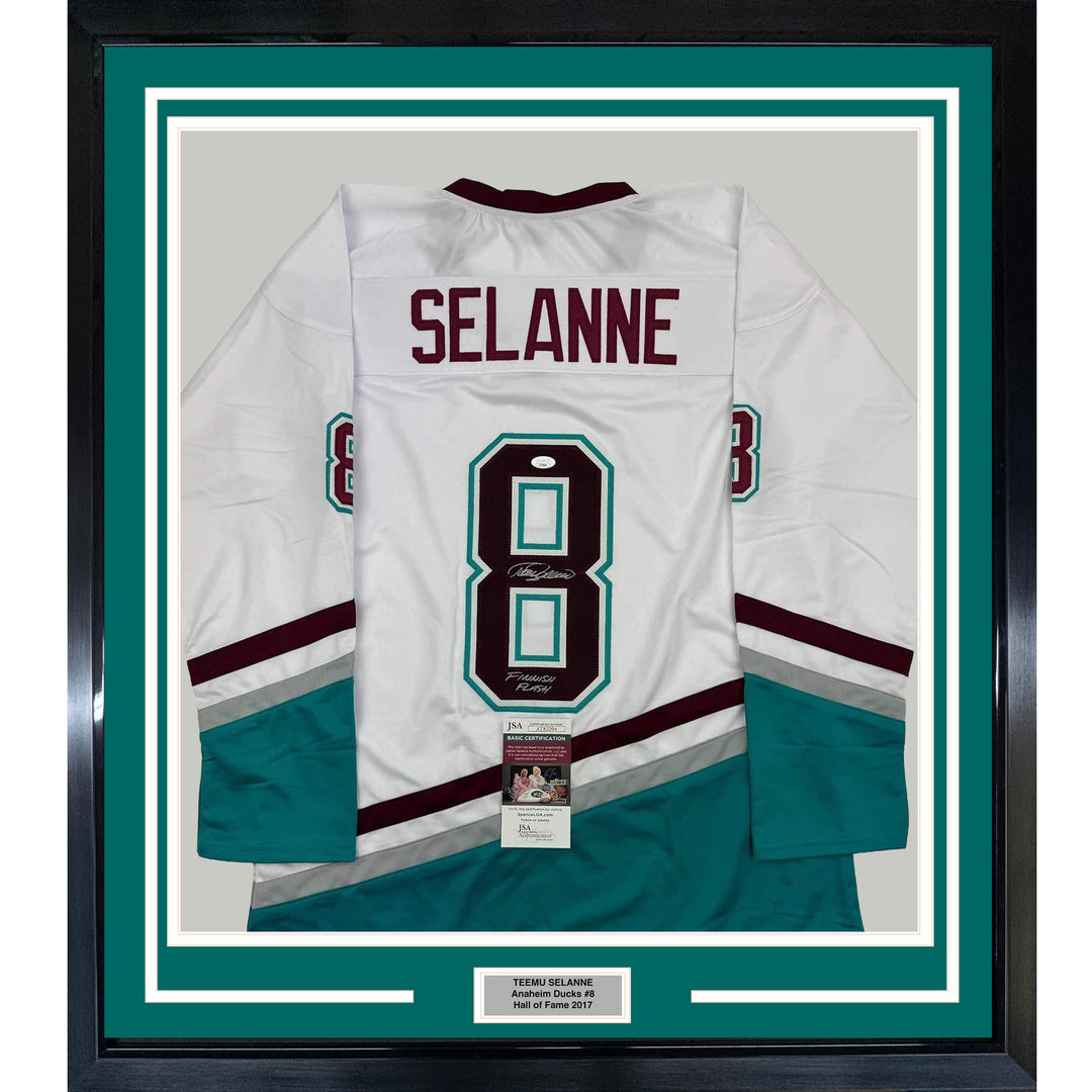 Framed Autographed/Signed Teemu Selanne Finnish Flash 35x39 White Jersey JSA COA