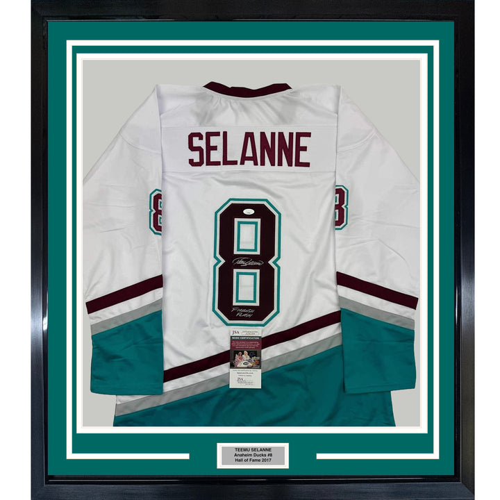 Framed Autographed/Signed Teemu Selanne Finnish Flash 35x39 White Jersey JSA COA