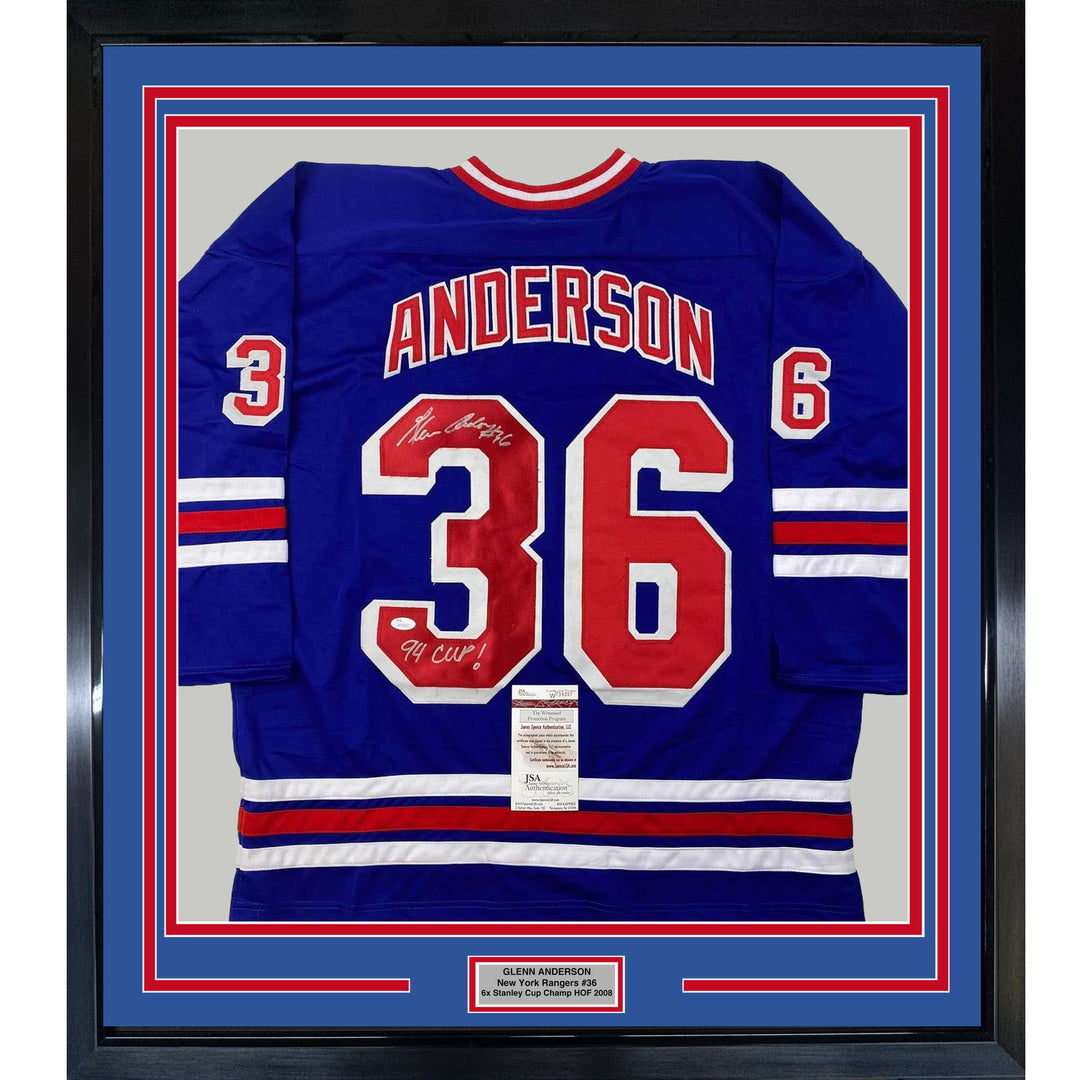 Framed Autographed/Signed Glenn Anderson 94 SC 33x42 NY Blue Jersey JSA COA