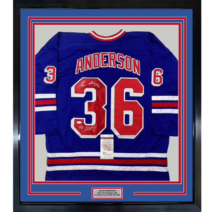 Framed Autographed/Signed Glenn Anderson 94 SC 33x42 NY Blue Jersey JSA COA