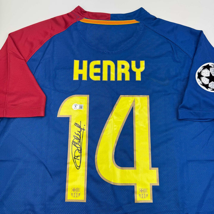 Autographed/Signed Thierry Henry FC Barcelona Blue Jersey Beckett BAS COA