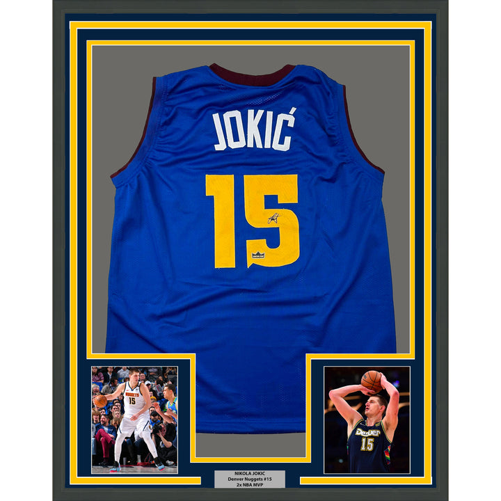 Framed Facsimile Autographed Nikola Jokic 33x42 Blue Reprint Laser Auto Jersey