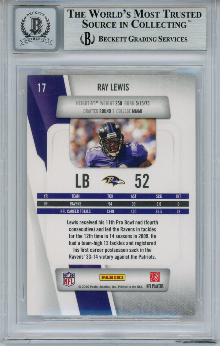 Ray Lewis Autographed 2010 Prestige #17 Trading Card Beckett 10 Slab 35248