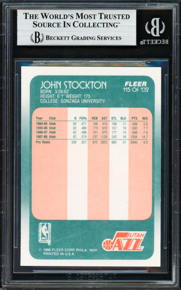 John Stockton Signed 1988-89 Fleer RC 115 Utah Jazz Beckett