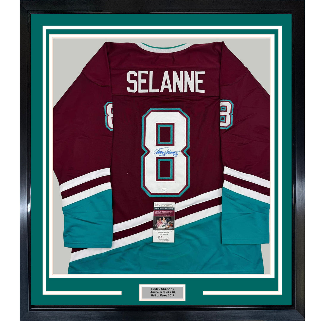 Framed Autographed/Signed Teemu Selanne 35x39 Anaheim Maroon Jersey JSA COA