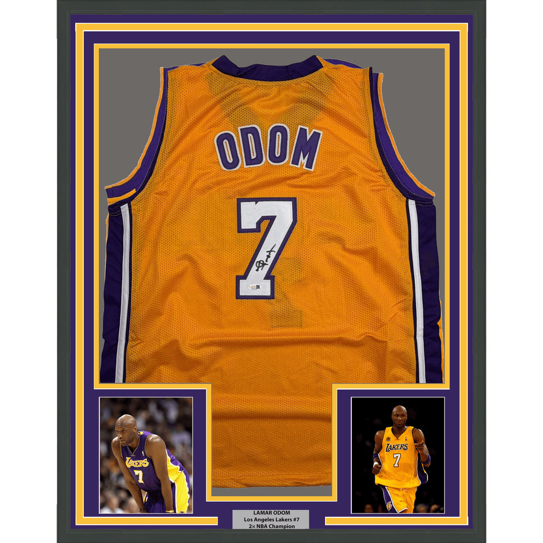 Framed Autographed/Signed Lamar Odom 35x39 LA Yellow Jersey JSA COA