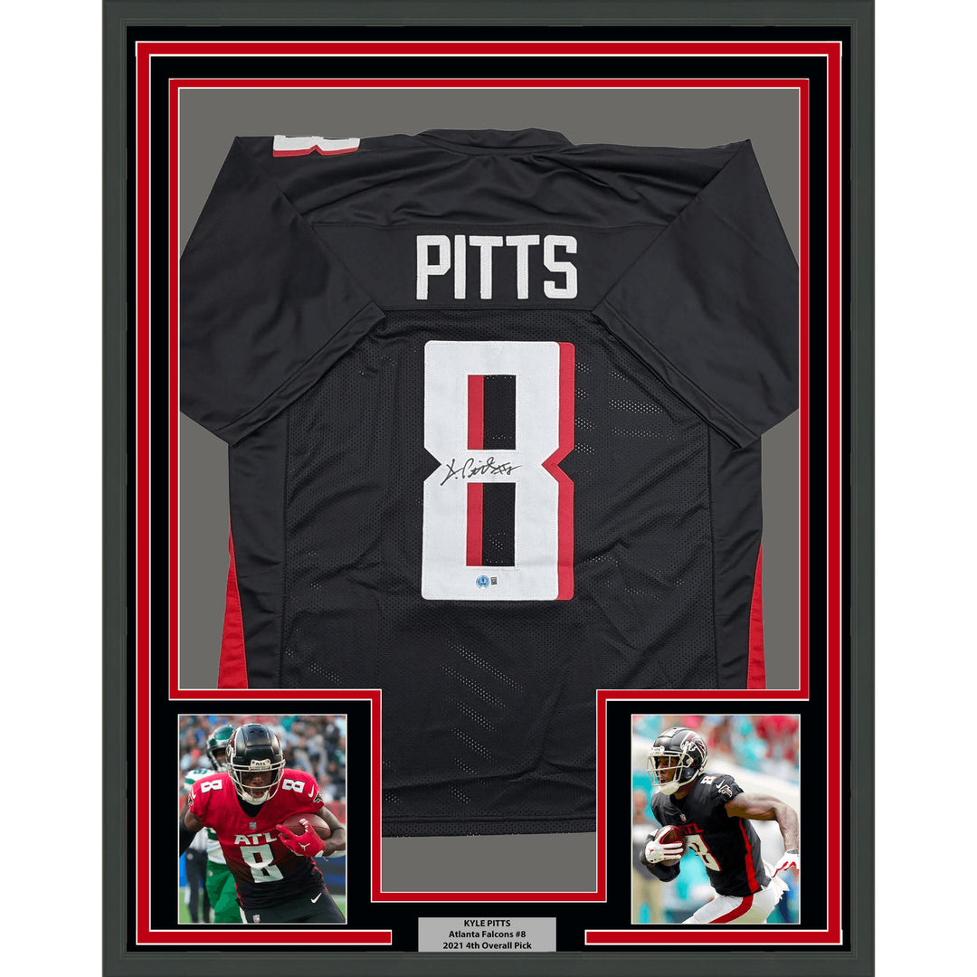 Framed Autographed Kyle Pitts 35x39 Atlanta Black Football Jersey BAS COA