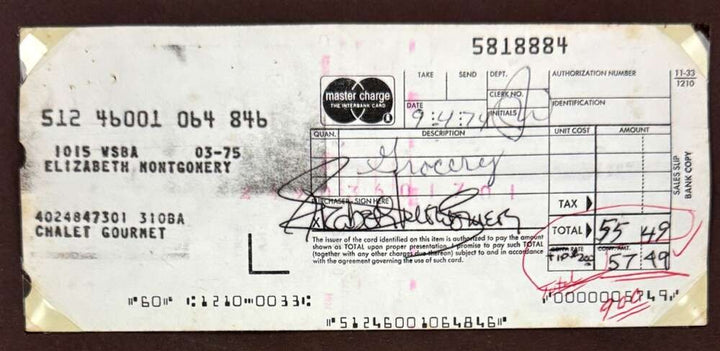 Elizabeth Montgomery Beckett BAS Signed 1974 Master Charge Receipt  Framed 15x20