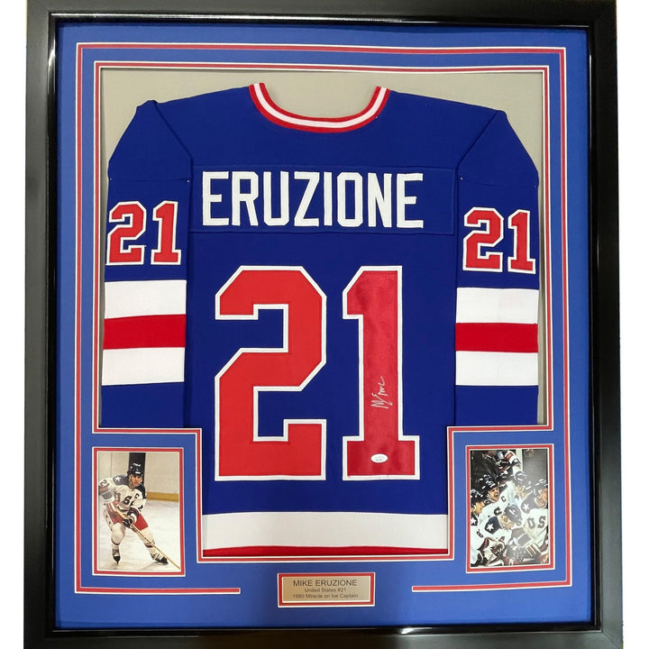 Framed Signed Mike Eruzione 35x39 Blue Miracle USA Jersey JSA COA