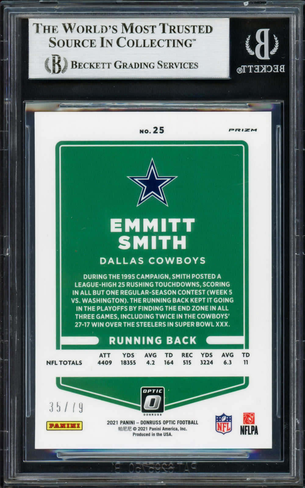 Emmitt Smith Auto 2021 Donruss Optic Orange Scope Card 25 Cowboys 35/79 Beckett