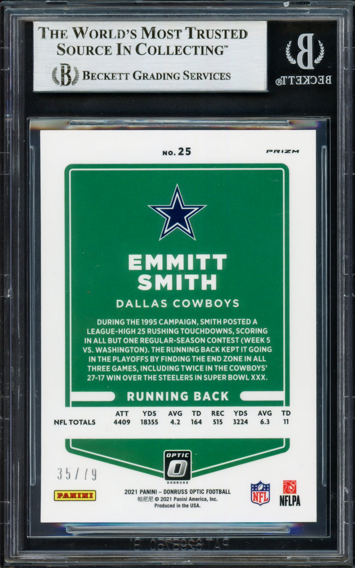Emmitt Smith Auto 2021 Donruss Optic Orange Scope Card 25 Cowboys 35/79 Beckett