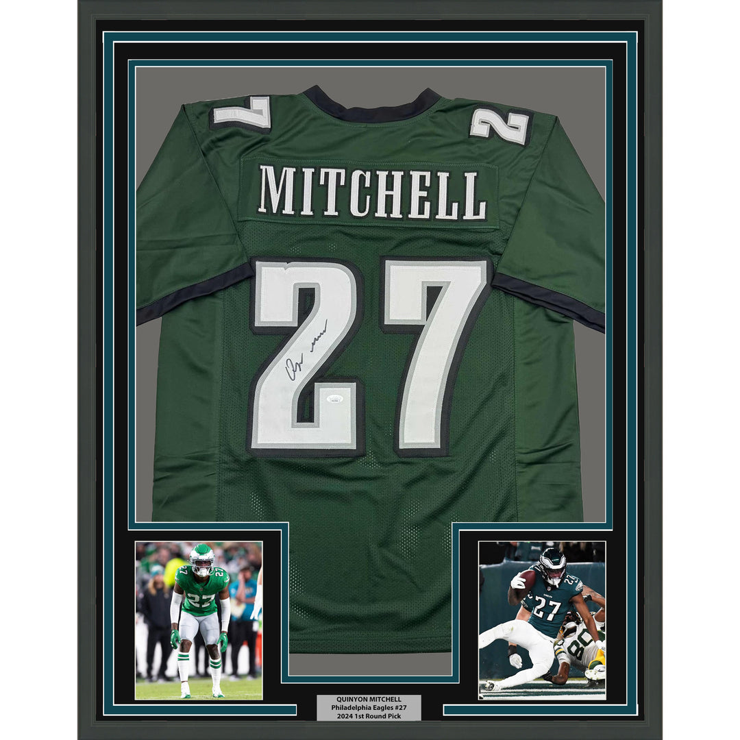 Framed Autographed/Signed Quinyon Mitchell 35x39 Green Football Jersey JSA COA