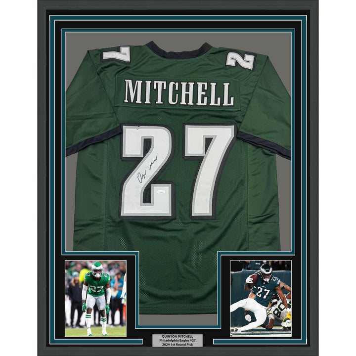 Framed Autographed/Signed Quinyon Mitchell 35x39 Green Football Jersey JSA COA