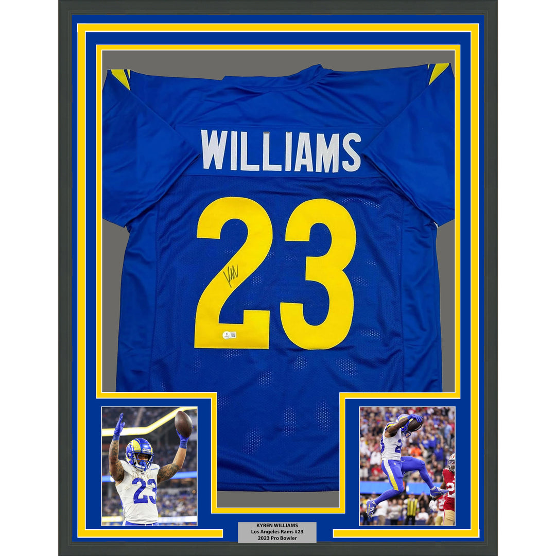Framed Autographed/Signed Kyren Williams 35x39 LA Blue Jersey Beckett BAS COA #2