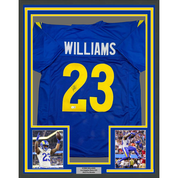 Framed Autographed/Signed Kyren Williams 35x39 LA Blue Jersey Beckett BAS COA #2