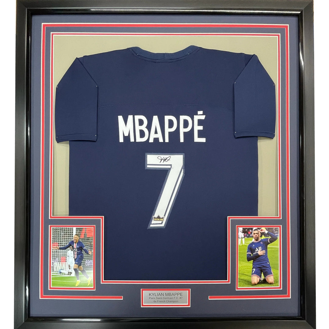 Framed Facsimile Autographed Kylian Mbappe 33x42 Blue Reprint Laser Auto Jersey