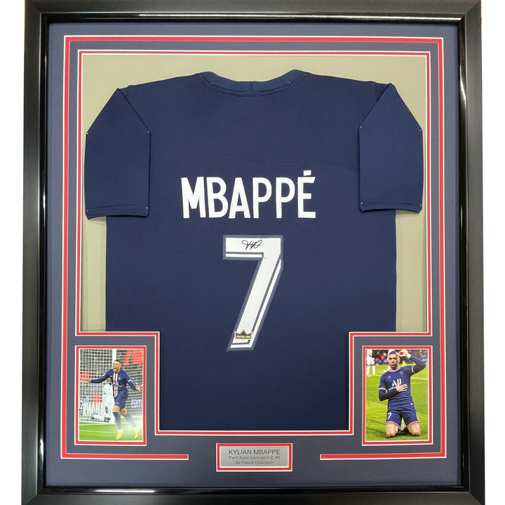 Framed Facsimile Autographed Kylian Mbappe 33x42 Blue Reprint Laser Auto Jersey