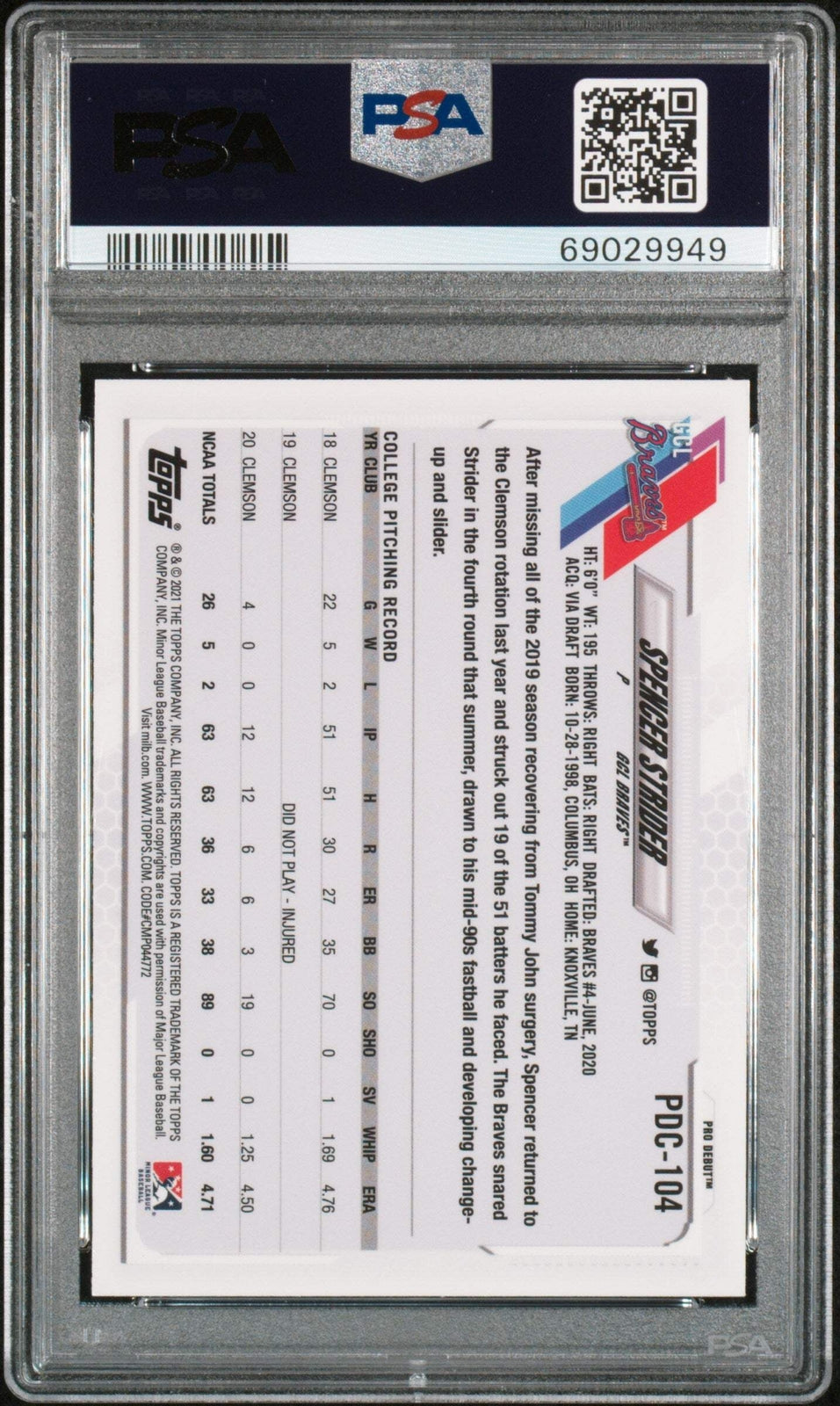 Graded 2021 Topps Pro Debut Spencer Strider #PDC104 CHR RC Baseball Card PSA 10
