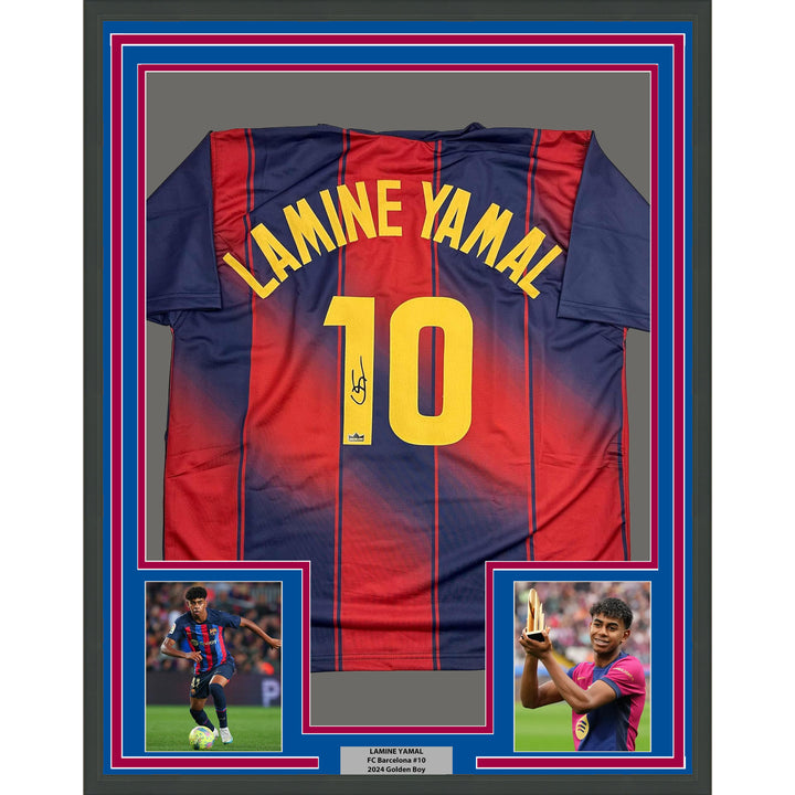 Framed Facsimile Autographed Lamine Yamal #10 35x39 Barcelona Reprint Jersey