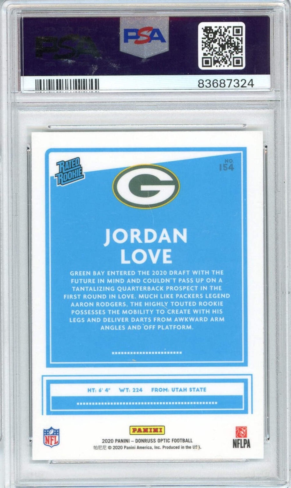 Graded 2020 Panini Donruss Optic Jordan Love #154 Rookie RC Football Card PSA 10