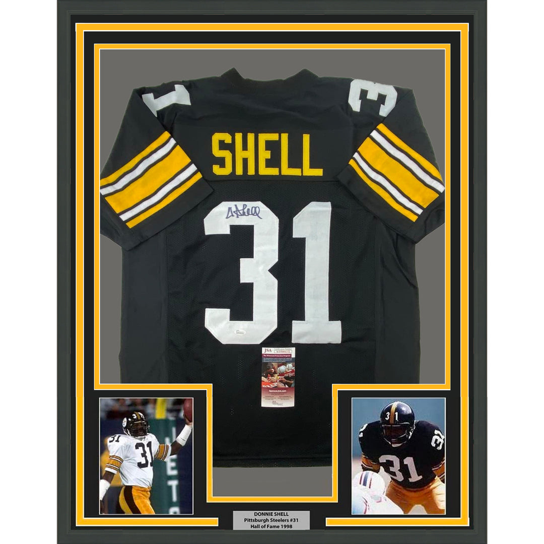 Framed Autographed/Signed Donnie Shell 33x42 Pittsburgh Black Jersey JSA COA