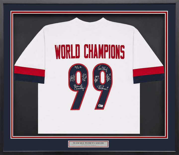 1999 USA Women's Soccer WC Champs Signed Framed White Jersey 8 Sigs BAS Witness