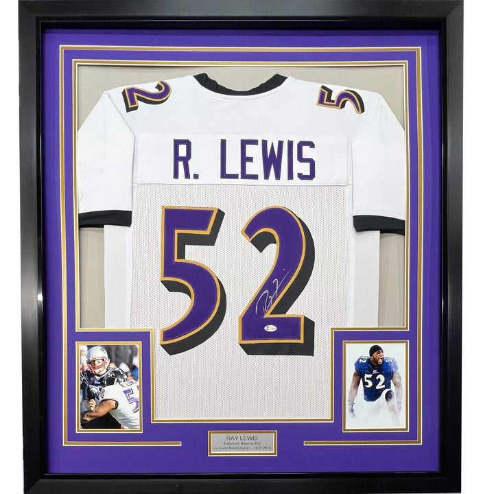 FRAMED Autographed/Signed RAY LEWIS 33x42 Baltimore White Jersey JSA COA Auto