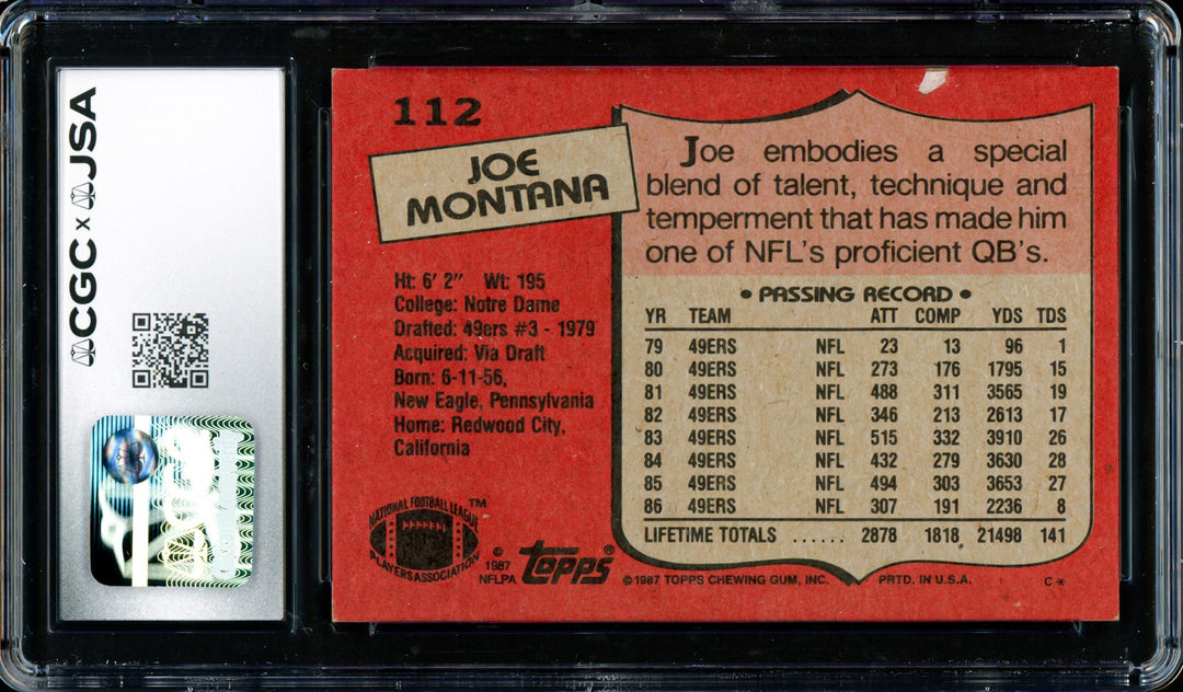 Joe Montana Signed 1987 Topps Card 112 San Francisco 49ers Auto GM 10 CGC x JSA