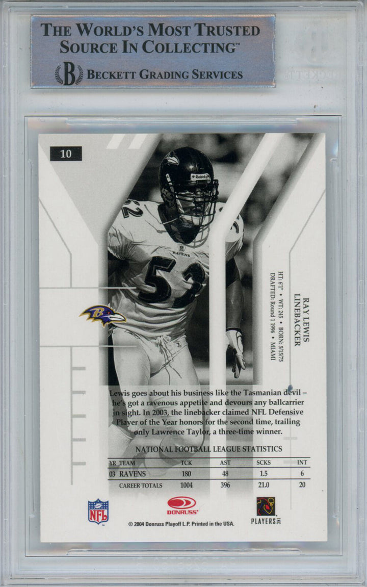 Ray Lewis Autographed 2004 Donruss Elite #10 Trading Card Beckett Slab 43380