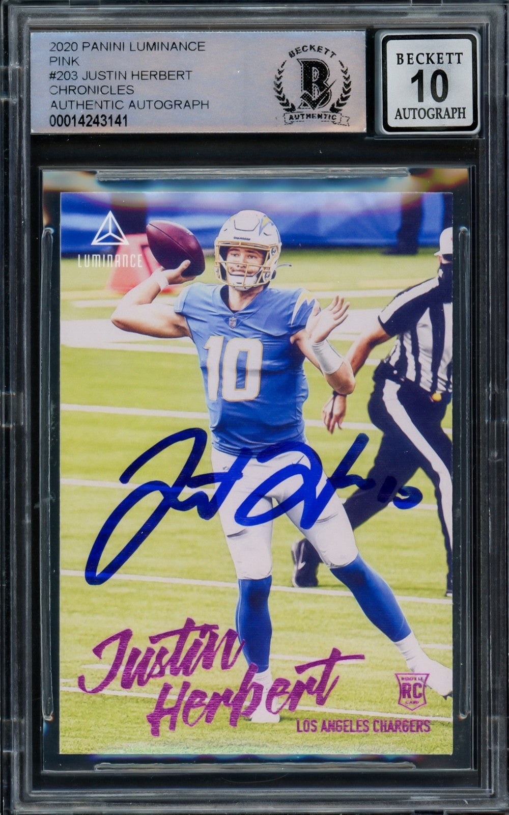 Justin Herbert Signed 2020 Panini Luminance Pink Parallel RC 203 Sig 10 Beckett
