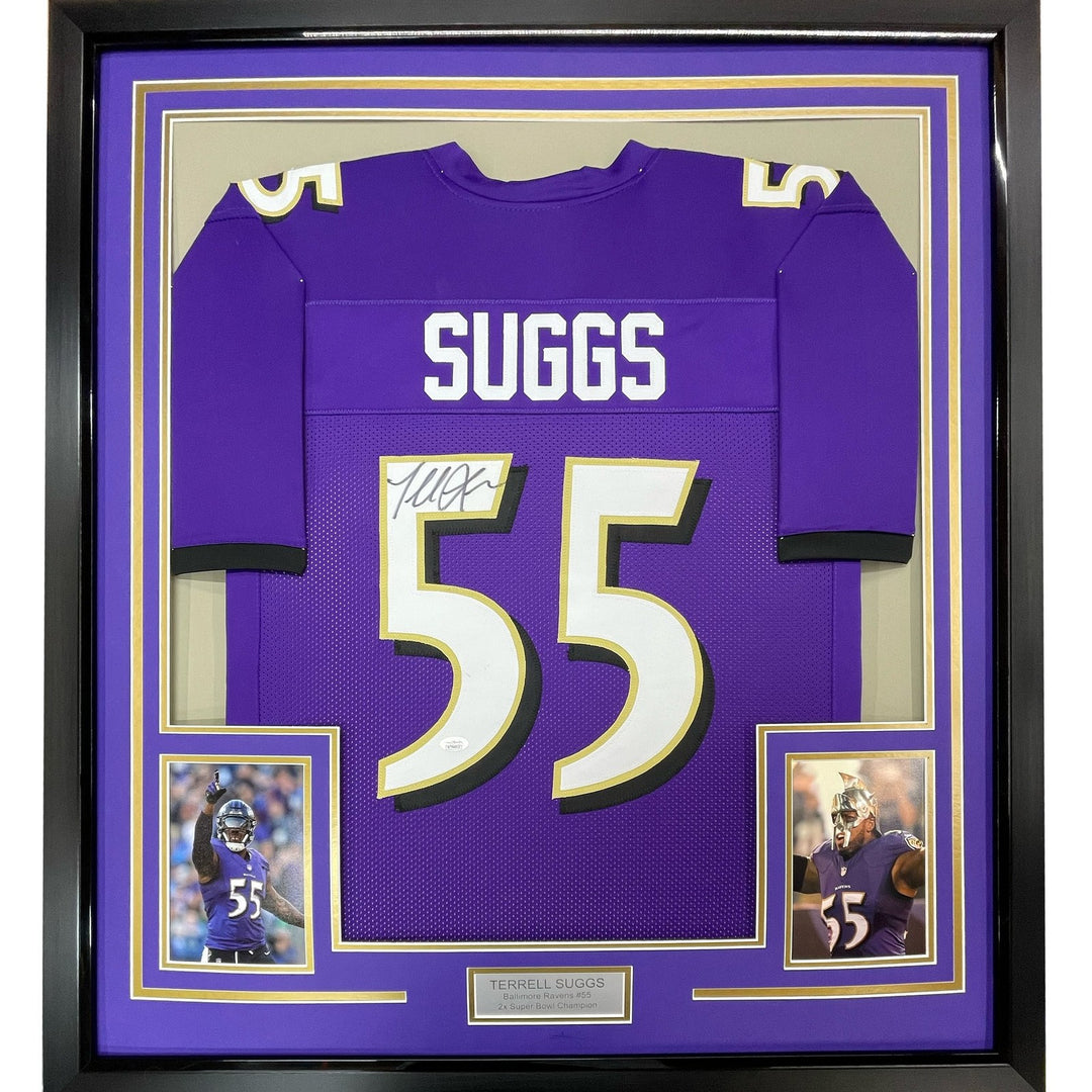 Framed Signed Terrell Suggs 35x39 Baltimore Purple Jersey JSA COA