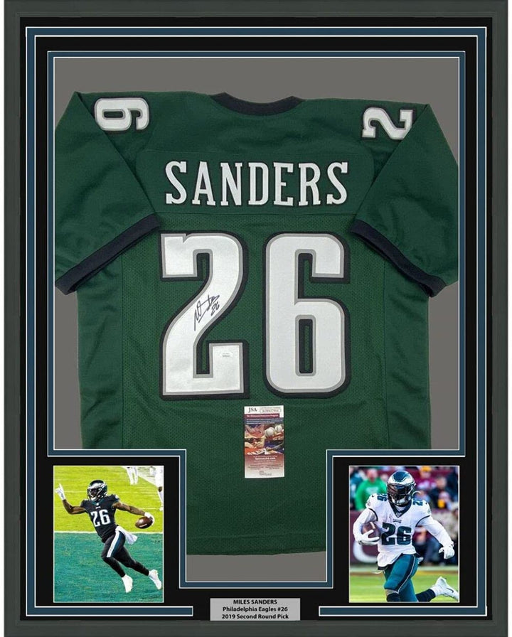 FRAMED Autographed/Signed MILES SANDERS 33x42 Green Football Jersey JSA COA