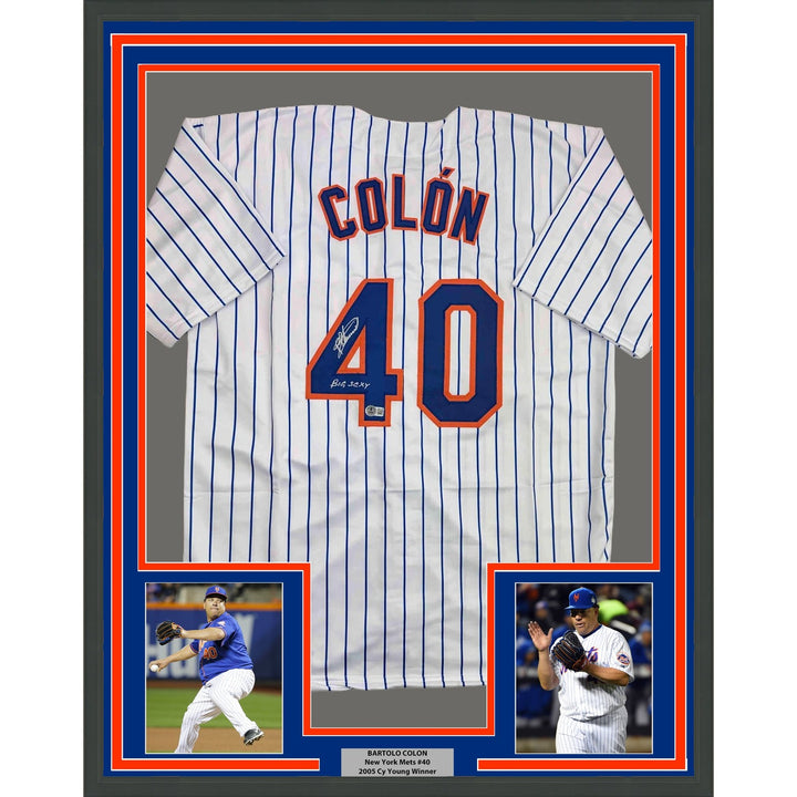 Framed Autographed/Signed Bartolo Colon 35x39 Big Sexy Pinstripe Jersey COA