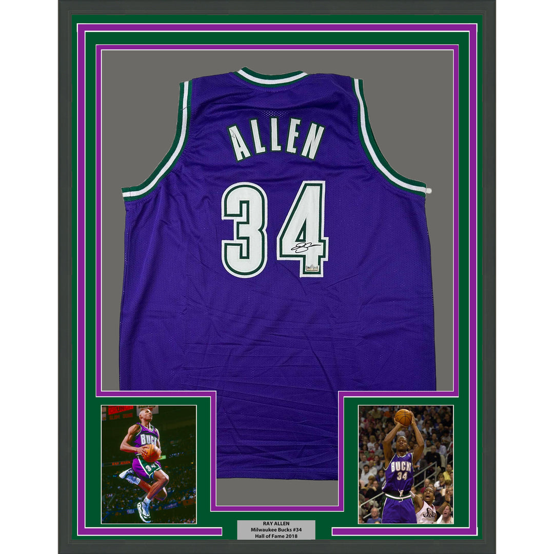 Framed Facsimile Autographed Ray Allen 33x42 Purple Reprint Laser Auto Jersey