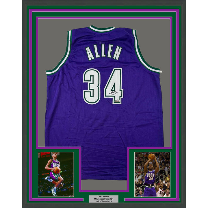 Framed Facsimile Autographed Ray Allen 33x42 Purple Reprint Laser Auto Jersey