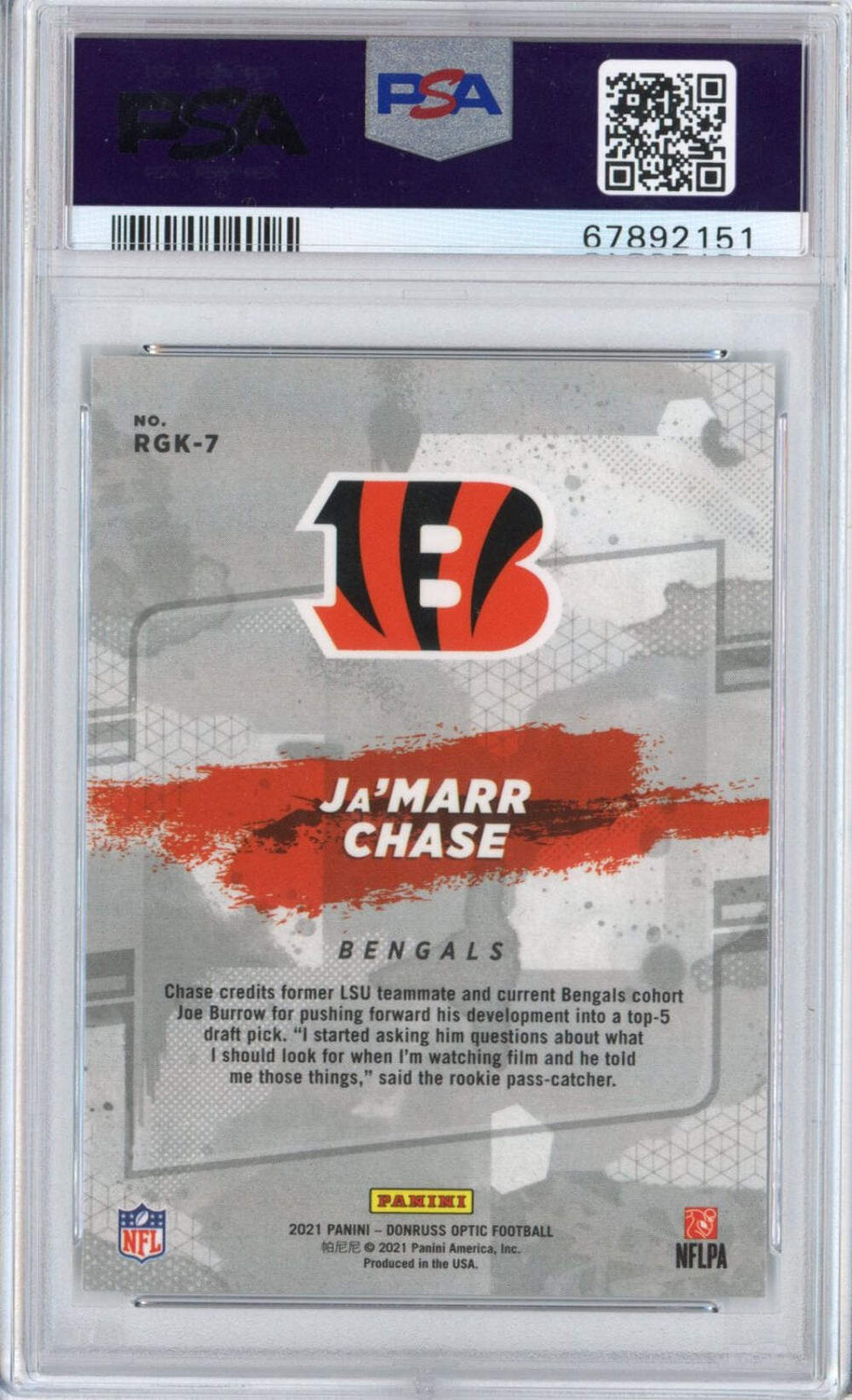 Graded 2021 Donruss Optic Ja'Marr Chase #RGK7 Gridiron Kings Rookie Card PSA 10