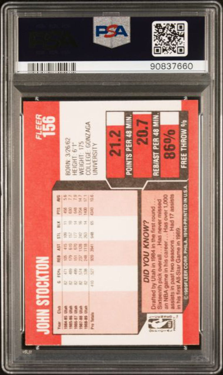 Graded 1989 Fleer John Stockton #156 2nd Year Basketball Card PSA 10 Gem Mint