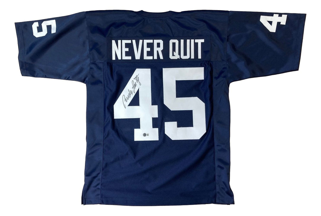 Rudy Ruettiger Notre Dame Signed Blue Never Quit Football Jersey BAS