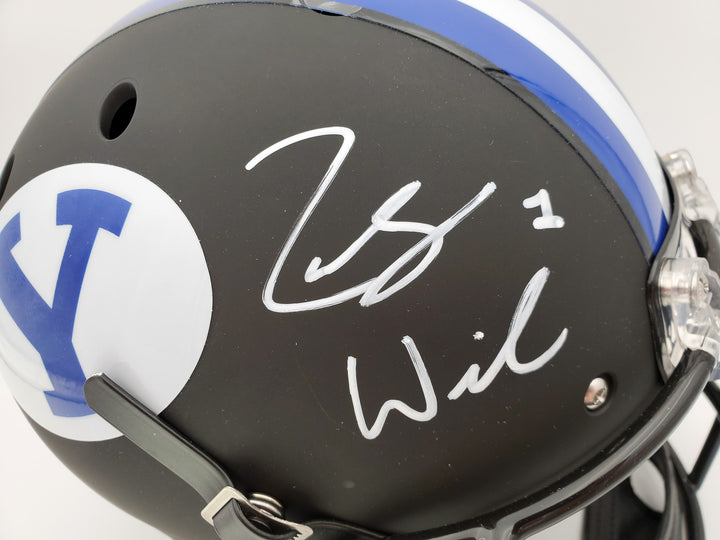 Zach Wilson Signed BYU Cougars Matte Black Schutt Full Size Replica Helmet