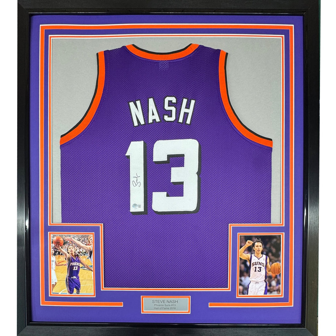 Framed Autographed/Signed Steve Nash 35x39 Phoenix Purple Jersey BAS COA