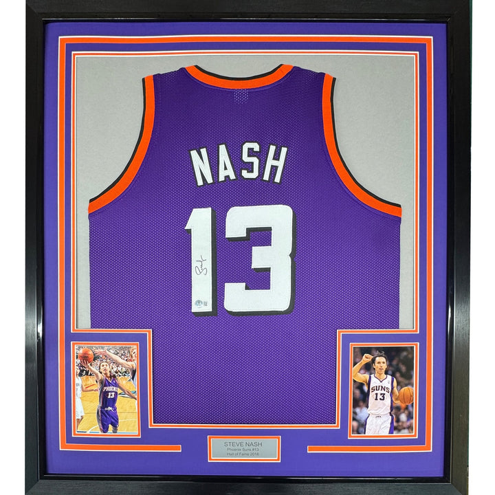 Framed Autographed/Signed Steve Nash 35x39 Phoenix Purple Jersey BAS COA
