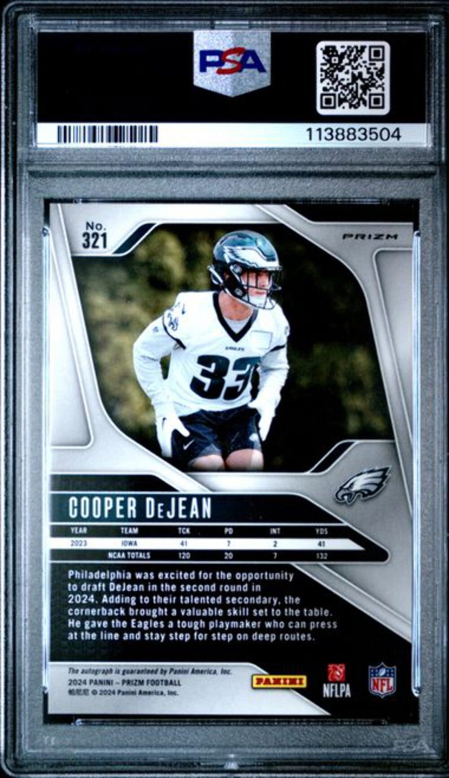 Graded 2024 Panini Prizm Autograph Cooper DeJean #321 RC Football Card PSA 10