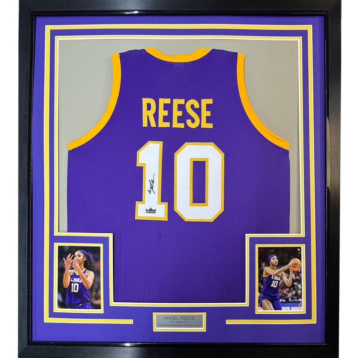 Framed Facsimile Autographed Angel Reese 35x39 LSU Purple Reprint Jersey