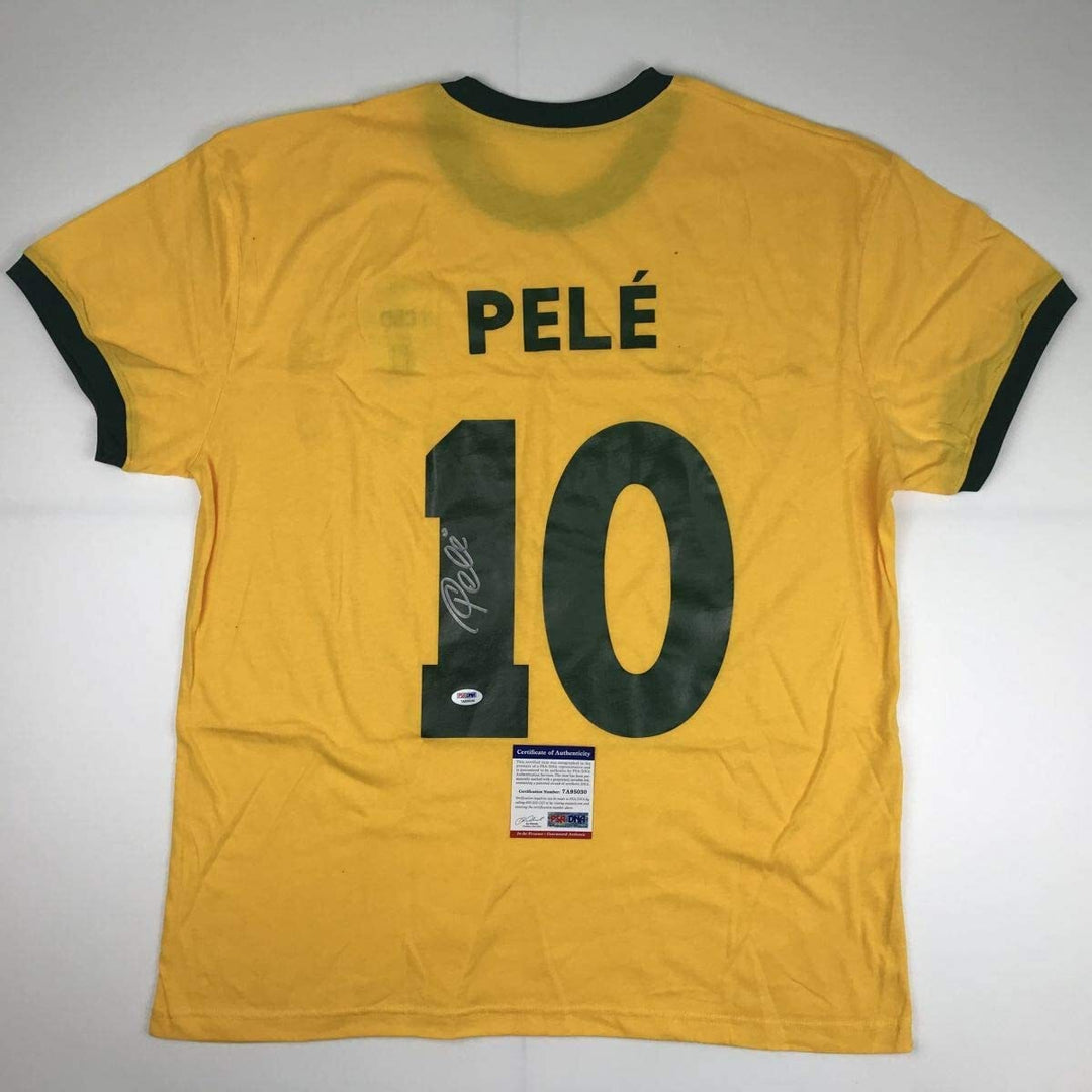 Autographed/Signed PELE Brazil Yellow Soccer Futbol Jersey PSA/DNA COA Auto #2