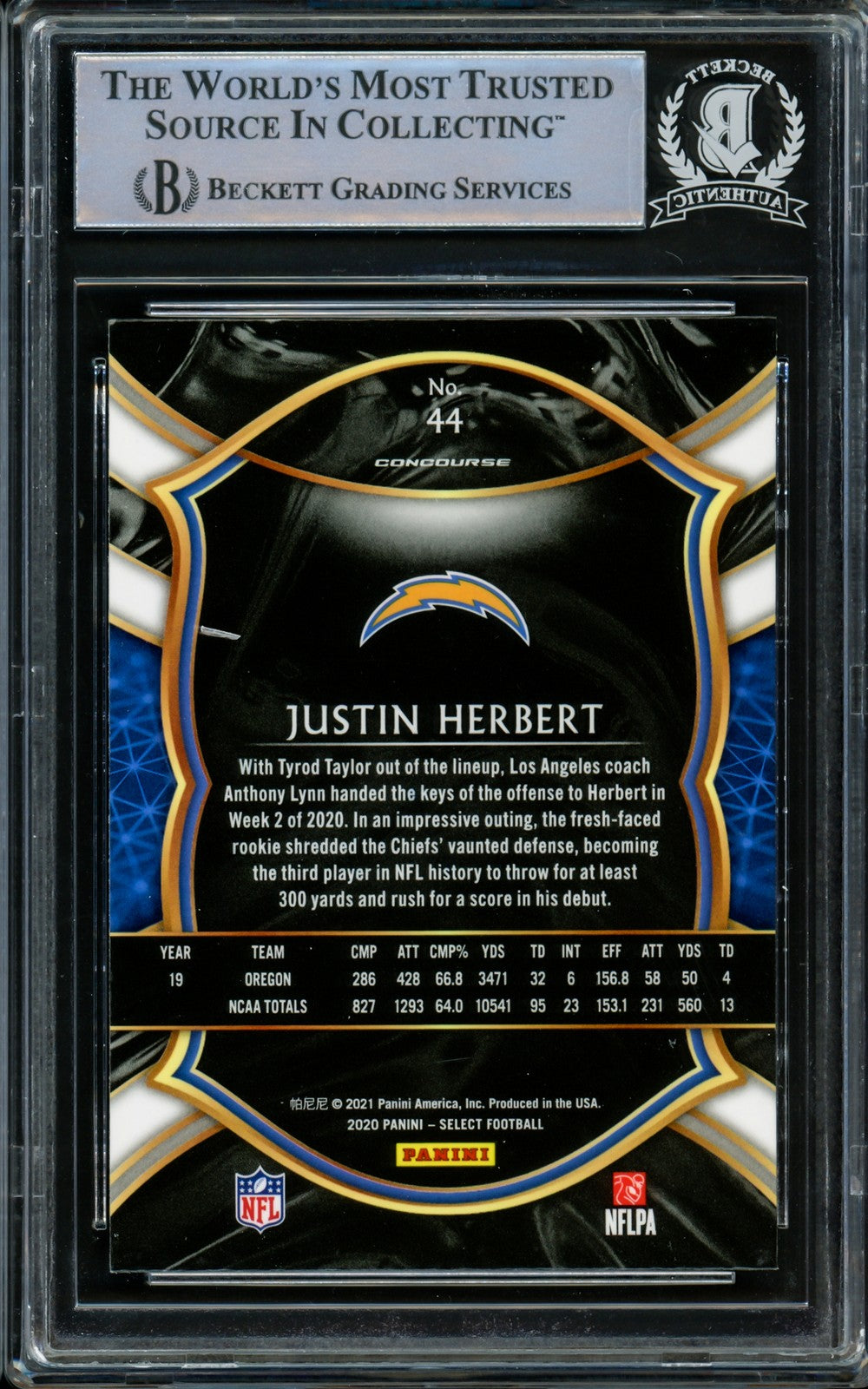 Justin Herbert Signed 2020 Panini Select Concourse Level RC 44 Chargers Beckett