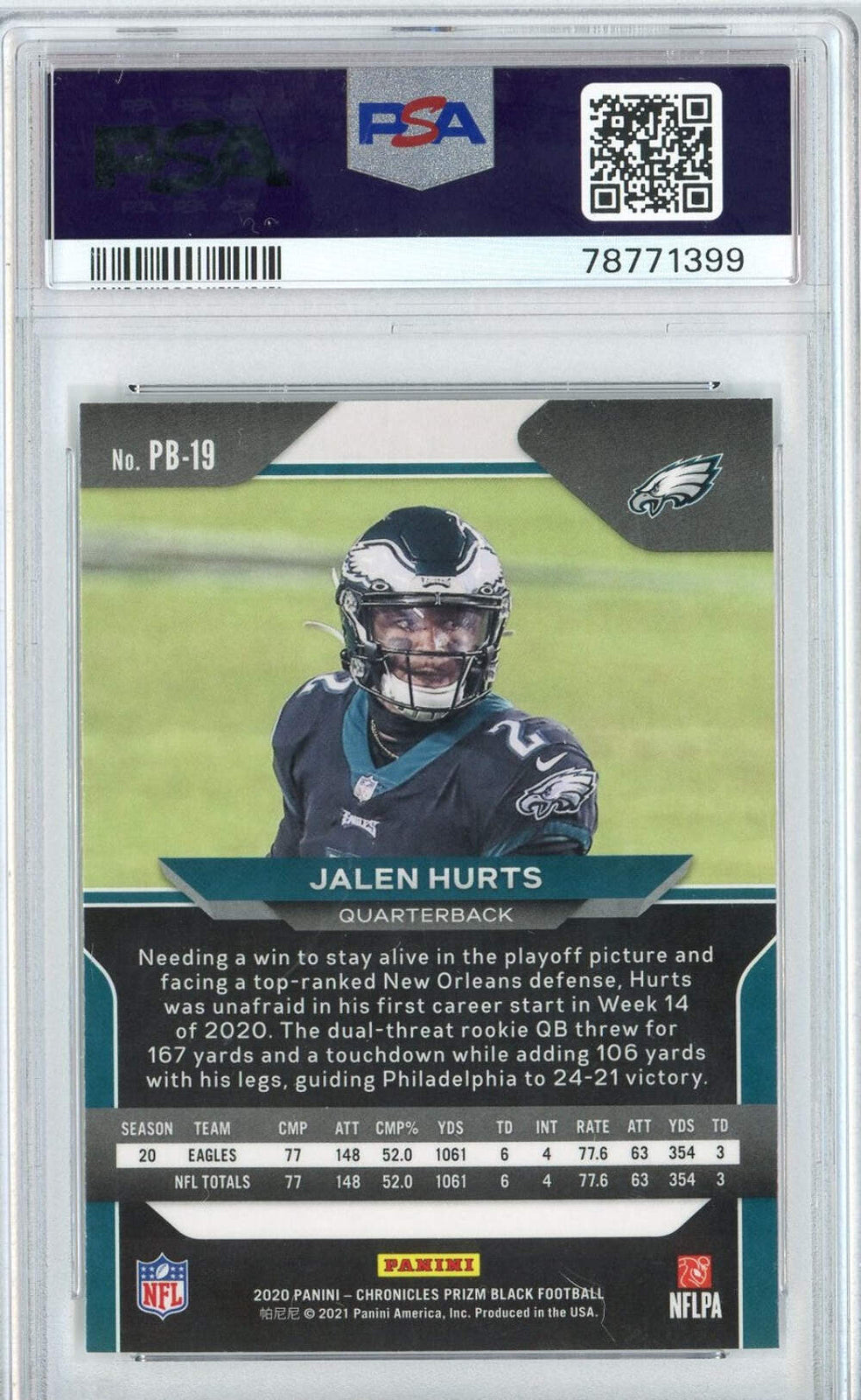 Graded 2020 Panini Chronicles Jalen Hurts #PB19 Black RC Football Card PSA 10