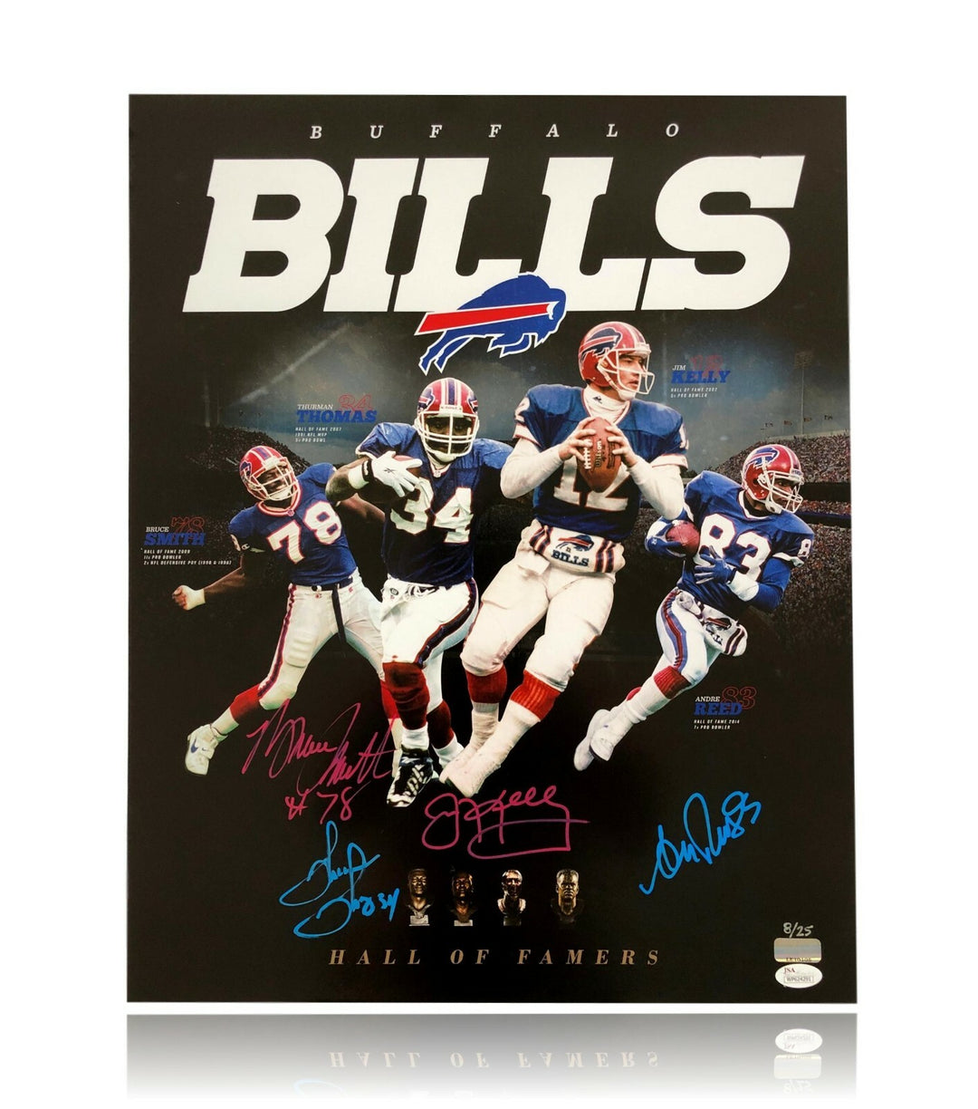 Buffalo Bills HOFers Signed 16x20 Photo #/25 JSA COA Jim Kelly Reed Smith Thomas